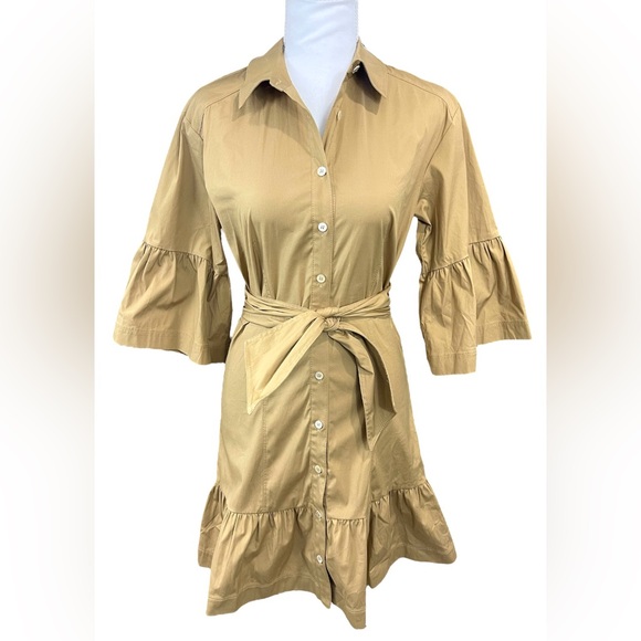 NWT VERONICA BEARD Luriane Poplin Tie Waist Khaki Flounce Sleeve Cotton Dress - Picture 7 of 14